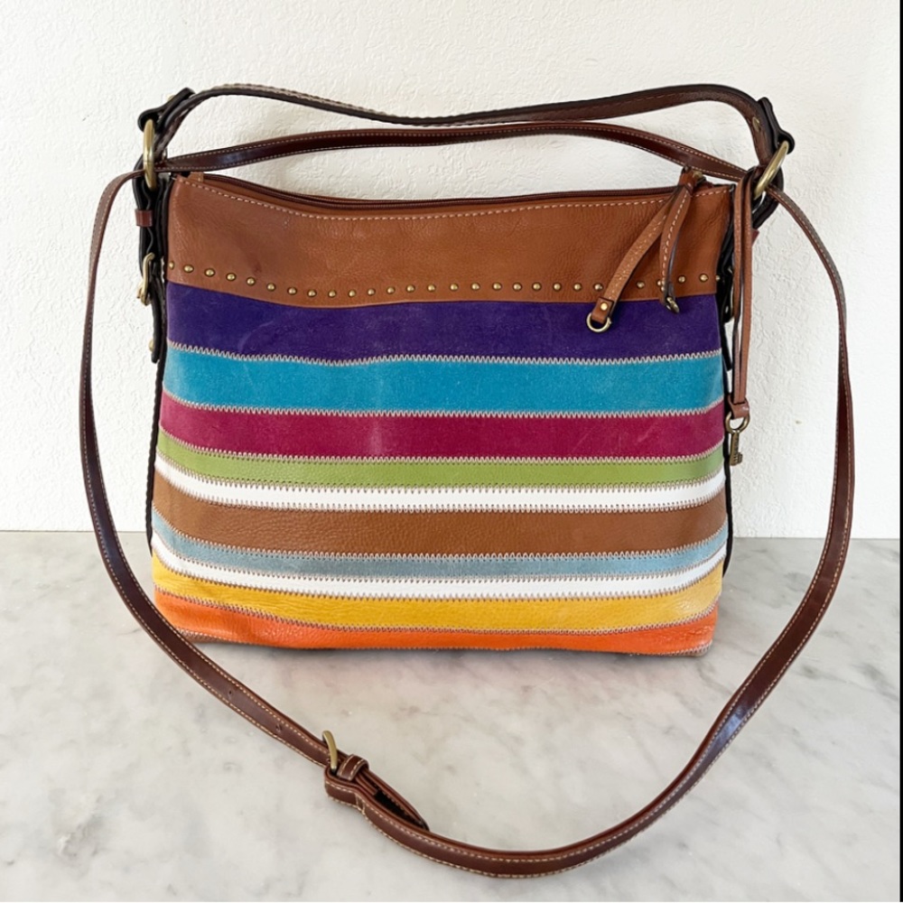 Fossil Multicolor Striped Leather and Suede Crossbody Shoulder Bag
